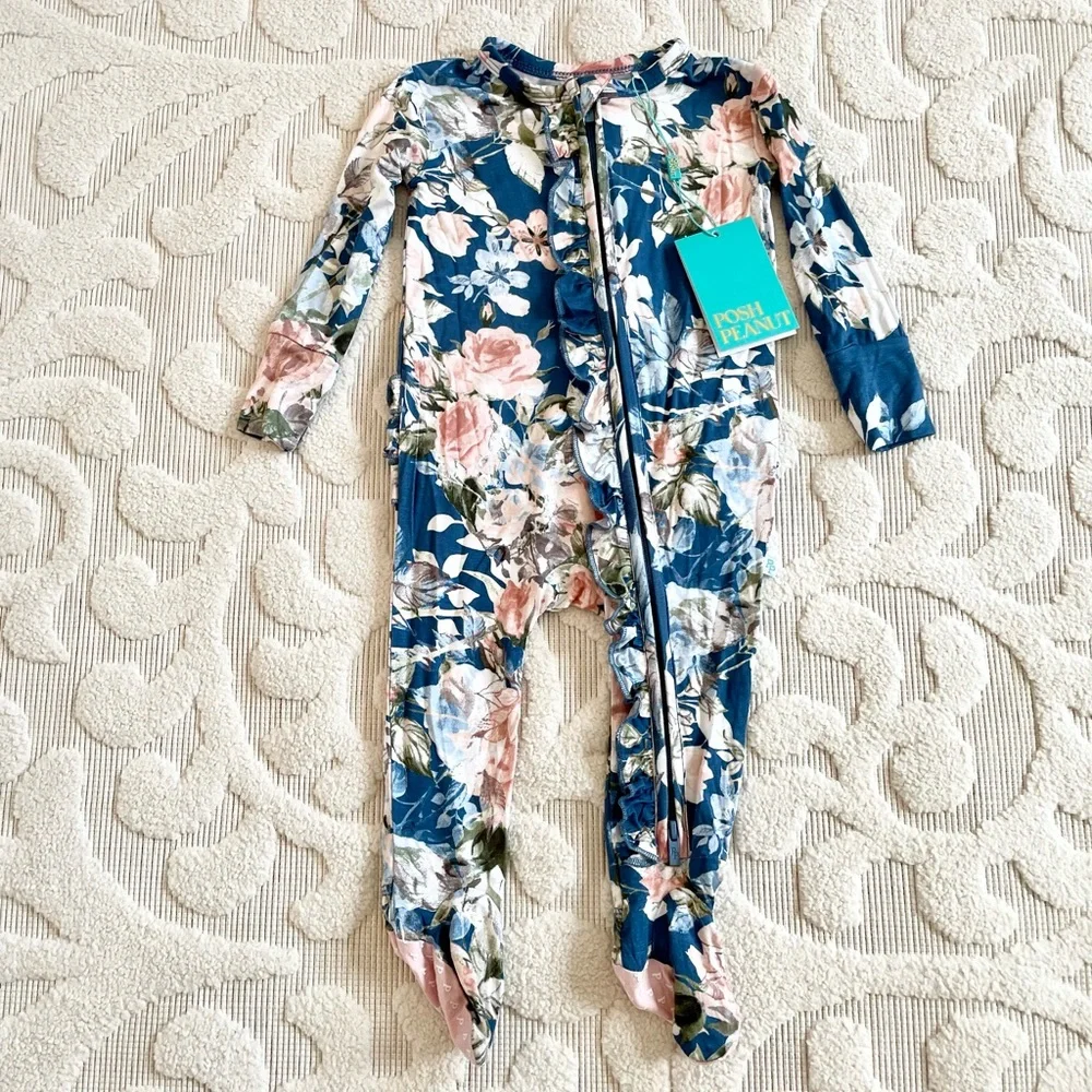 Posh Peanut Blue Rose ruffled footie NWT! - Picture 1 of 4